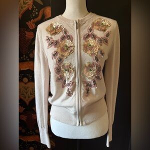 Nanette Lepore Cream Merino Wool Sequin Embellished Cardigan Sweater Size M Zip